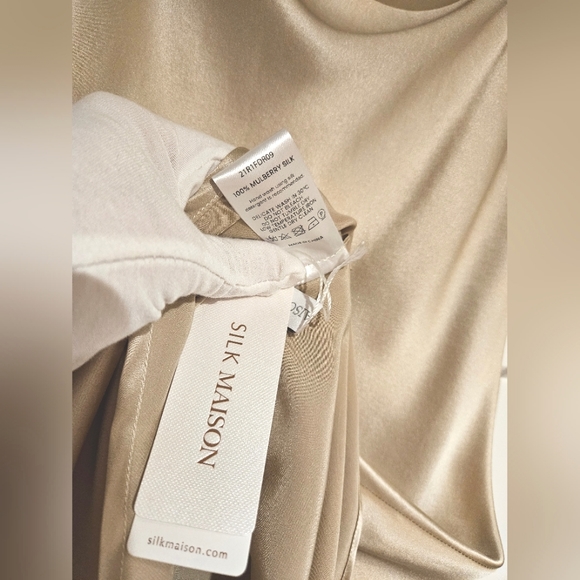 Lounge Cowl Neck Mini Silk Slip Dress (Beige) - Silk Maison - Picture 13 of 15